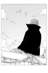  1boy cape from_behind greyscale kankan33333 male_focus monochrome musical_note one_piece one_piece_film:_red outdoors seashell shanks_(one_piece) shell ship solo sword watercraft weapon 