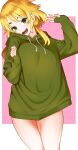  1girl :d absurdres blonde_hair commission cowboy_shot green_eyes green_hoodie hand_up highres hood hood_down hoodie long_sleeves looking_at_viewer low_twintails nagashii_kouhei naked_hoodie original skeb_commission sleeves_past_wrists smile solo standing twintails w 