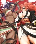  2girls abs anagumasan baiken bandages belt black_gloves blue_eyes breasts cleavage dark-skinned_female dark_skin darli_dagger dreadlocks fingerless_gloves from_below frown gloves grin guilty_gear headband highres holding holding_weapon japanese_clothes large_breasts long_hair looking_at_viewer multiple_belts multiple_girls muscular muscular_female navel open_mouth ponytail samurai_spirits scar scar_across_eye shoulder_tattoo side-by-side smile tattoo teeth thick_thighs thighs underboob weapon 