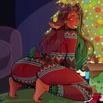  1girl antlers ass barefoot brown_eyeshadow brown_lips christmas christmas_sweater christmas_tree commentary dark-skinned_female dark_skin english_commentary eymbee floppy_ears freckles full_body green_hair green_nails highres horn_ornament horn_piercing horn_ring horns jackalope jackaye_(eymbee) jewelry kneeling long_hair looking_at_viewer looking_back mouth_hold multicolored_hair nail_polish onesie original red_eyes soles solo streaked_hair tail tail_through_clothes toe_ring toenail_polish toenails two-tone_hair 