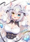  1girl :d aina_rive animal animal_ear_fluff animal_ears antenna_hair arms_up bangs blue_eyes breasts bug butterfly cat_ears cleavage commentary_request detached_sleeves double_v dress gloves grey_hair hair_between_eyes hair_intakes heterochromia long_hair looking_at_viewer mauve medium_breasts milestone_celebration original puffy_short_sleeves puffy_sleeves short_sleeves smile solo thank_you twitter_username v very_long_hair white_dress white_gloves white_sleeves yellow_eyes 
