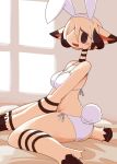  anthro black_eyes breasts brown_eyes clothed clothing crepix fake_ears fake_rabbit_ears female hi_res kneeling open_mouth solo underwear yellow_body 