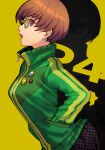  1girl absurdres brown_eyes brown_hair buttons glasses hands_in_pockets highres hungry_clicker jacket looking_at_viewer open_mouth persona persona_4 satonaka_chie short_hair skirt solo track_jacket zipper 