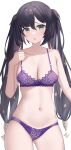  1girl :o ass_visible_through_thighs bare_arms bare_shoulders black_hair black_ribbon bra breasts cleavage cowboy_shot genshin_impact green_eyes hair_ribbon hand_up highres lace-trimmed_bra lace-trimmed_panties lace_trim long_hair looking_at_viewer medium_breasts mona_(genshin_impact) navel nyuu_(pixiv12143565) open_mouth panties ponytail_holder purple_bra purple_panties raised_eyebrows ribbon simple_background solo sparkle_hair_ornament stomach strap_pull thighs twintails underwear underwear_only very_long_hair white_background 