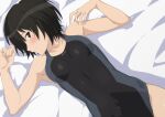  1girl absurdres amagami arms_up bangs bed_sheet black_hair blush bob_cut breasts competition_swimsuit highres looking_at_viewer medium_breasts nanasaki_ai one-piece_swimsuit school_swimsuit short_hair shou937 smile solo swimsuit 