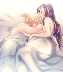  1boy 1girl bangs bed_sheet black_hair blonde_hair breasts closed_eyes cloud_strife couple cuddling final_fantasy final_fantasy_vii final_fantasy_vii_remake hetero hickey hug indoors large_breasts long_hair looking_at_another lying minato_(ct_777) nude on_bed on_side open_mouth pillow red_eyes sleeping spiked_hair swept_bangs tifa_lockhart twitter_username under_covers 