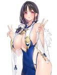  1girl azur_lane bangs bare_shoulders black_hair blue_dress blush breasts cleavage cleavage_cutout clothing_cutout detached_sleeves double_v dress earrings fur_trim hair_over_shoulder jewelry large_breasts long_hair looking_at_viewer mole mole_on_crotch mole_under_eye open_mouth pink_eyes popqn see-through side_slit sideboob solo sweatdrop thighs ting_an_(azur_lane) v white_background wide_sleeves 