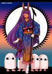  1girl alternate_costume animal_ears dark-skinned_female dark_skin earrings facial_mark fate/grand_order fate_(series) gloves hairband hoop_earrings izumi_minami jackal_ears japanese_clothes jewelry kimono long_hair medjed_(fate) nitocris_(fate) one_eye_closed purple_eyes purple_hair twitter_username 