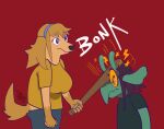  anthro big_breasts bird_dog bonk_(meme) breasts canid canine canis clothed clothing club_(weapon) digital_media_(artwork) domestic_dog dragon duo eyewear female female/female flat_chested floppy_ears glasses go_to_horny_jail golden_retriever green_body hair horn hunting_dog mammal melee_weapon meme newd retriever scalie simple_background sparks_(newd) sybyl_(newd) weapon 