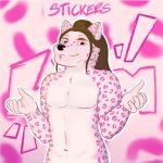  ambiguous_gender anthro canid canine canis digital_media_(artwork) felid furry hair hi_res hybrid leopard liammoon male male/male mammal nude pantherine pink_body ponytail spots spotted_body sticker why wolf 