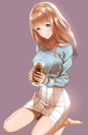  1girl alcohol bare_legs barefoot beer blue_shirt breasts brown_hair chiarashi_mahina closed_mouth cup green_eyes grey_background highres holding holding_cup large_breasts long_hair looking_at_viewer miniskirt nagashii_kouhei scary_campus_college_university shirt simple_background sitting skirt smile solo wariza white_skirt 