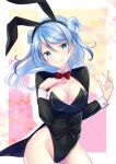  1girl alternate_costume alto2019 animal_ears bare_legs black_jacket black_leotard blue_eyes blue_hair bow bowtie breasts cleavage contrapposto cowboy_shot detached_collar double_bun hair_bun hat highres jacket kantai_collection leotard medium_breasts one-hour_drawing_challenge playboy_bunny rabbit_ears rabbit_tail red_bow red_bowtie sailor_hat solo tail tuxedo_jacket urakaze_(kancolle) wrist_cuffs 