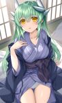  1girl bangs blue_kimono blush collarbone commentary_request dragon_girl dragon_horns fate/grand_order fate_(series) from_above green_hair hand_up highres horns japanese_clothes kimono kiyohime_(fate) long_hair looking_at_viewer looking_up morizono_shiki panties parted_lips sash sidelocks smile solo thighs underwear white_panties yellow_eyes 