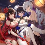  3girls ahoge black_footwear black_gloves black_thighhighs blue_eyes blue_hair blush breasts bronya_zaychik cleavage closed_mouth colored_inner_hair dress elbow_gloves envelope gloves grey_hair grin holding holding_envelope honkai_(series) honkai_impact_3rd large_breasts long_hair looking_at_viewer multicolored_hair multiple_girls open_mouth ponytail red_dress red_eyes red_hair seele_(alter_ego) seele_vollerei shenqi_xiao_hong_zai_nali shoes short_hair sitting smile thighhighs white_dress white_thighhighs 