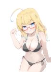  1girl absurdres ahoge alternate_costume bikini black_bikini blonde_hair blue_eyes blue_hair breasts collarbone glasses gradient_hair highres i-8_(kancolle) imonegi_oekaki kantai_collection large_breasts low_twintails multicolored_hair navel o-ring o-ring_bikini o-ring_top red-framed_eyewear semi-rimless_eyewear side-tie_bikini_bottom simple_background smile solo swimsuit twintails under-rim_eyewear white_background 