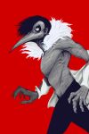  artaeopteryx beak bestial_choujin black_hair choujin_x cowboy_shot feather_collar greyscale_with_colored_background highres kurohara_tokio_(choujin_x) looking_at_viewer red_background shirt short_hair sideways_glance simple_background talons topless_male torn_clothes white_shirt 