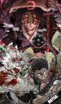  3boys ball_and_chain_(weapon) black_hair blank_eyes blood chain clenched_teeth colored_sclera extra_eyes fighting_stance haori highres himejima_gyoumei holding holding_sword holding_weapon japanese_clothes kankan33333 katana kimetsu_no_yaiba kokushibou multiple_boys open_mouth parted_lips projected_inset red_sclera shinazugawa_sanemi short_hair spiked_ball_and_chain sword teeth weapon white_hair wide-eyed yellow_eyes 