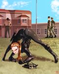  1girl 3boys absurdres artist_name bodysuit dated grass green_eyes half-life hat highres jack-o&#039;_challenge lart173 military military_uniform multiple_boys night_vision_device on_grass orange_hair ponytail signature uniform 