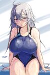 :o absurdres ahoge blue_one-piece_swimsuit collarbone competition_swimsuit dated grey_background grey_eyes grey_hair hair_between_eyes highleg highleg_swimsuit highres impossible_clothes impossible_swimsuit kantai_collection long_hair looking_at_viewer montemasa one-piece_swimsuit sitting swimsuit twitter_username two-tone_swimsuit washington_(kancolle) wet wet_clothes wet_swimsuit 