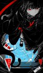  1girl azami_(kagerou_project) bangs black_shirt blunt_bangs cape closed_mouth highres kagerou_project kankan33333 looking_at_viewer necktie red_eyes red_necktie shirt shoes solo 