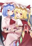  2girls :d absurdres ascot bangs bat_wings blonde_hair blue_hair brooch closed_mouth collared_shirt commentary cowboy_shot crystal fang flandre_scarlet hat hat_ribbon highres holding_hands interlocked_fingers jewelry long_hair looking_at_viewer medium_hair mob_cap multiple_girls nail_polish one_side_up open_mouth pink_headwear pink_shirt pink_skirt puffy_short_sleeves puffy_sleeves red_ascot red_eyes red_nails red_ribbon red_skirt red_vest remilia_scarlet ribbon shirt short_sleeves siblings simple_background sisters skin_fang skirt smile suikario symbol-only_commentary touhou twitter_username vest white_background white_headwear white_shirt wings wrist_cuffs 