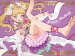  1girl anklet arm_garter bangs barefoot blonde_hair bloomers blunt_bangs blush bouquet bow dated dress hair_bow happy_birthday highres holding holding_bouquet idolmaster idolmaster_cinderella_girls jewelry looking_at_viewer mary_cochran mizunoawa_c purple_dress smile solo twintails underwear 