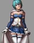  1girl archived_source armor belt blue_belt blue_eyes blue_hair blue_skirt breastplate cape cowboy_shot detached_sleeves elbow_gloves fortissimo gloves grey_background hair_ornament head_tilt highres holding holding_cape holding_clothes looking_at_viewer magical_girl mahou_shoujo_madoka_magica midriff miki_sayaka musical_note musical_note_hair_ornament short_hair simple_background skirt smile solo soul_gem standing thighhighs white_cape white_gloves white_thighhighs zettai_ryouiki 
