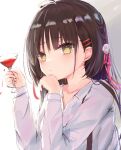  1girl absurdres bangs black_hair blunt_bangs blush braid bright_pupils cafe_stella_to_shinigami_no_chou collarbone commentary_request cup drink earrings eyelashes flower frown furrowed_brow hair_flower hair_ornament hair_ribbon hairclip hand_on_own_chin hands_up head_tilt highres holding holding_cup jewelry long_hair lshiki mole mole_under_eye piercing red_ribbon ribbon rose shiki_natsume shirt side_braid simple_background solo straight_hair stud_earrings suspenders white_background white_flower white_rose white_shirt yellow_eyes yuzu-soft 
