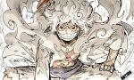  1boy curly_eyebrows fighting_stance gear_fifth grin hand_on_own_leg hat highres jacket kankan33333 long_sleeves looking_at_viewer male_focus monkey_d._luffy one_piece open_clothes open_jacket red_eyes sanpaku scar scar_on_chest short_shorts shorts smile solo spoilers squatting straw_hat white_hair white_jacket white_shorts 