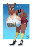  anthro avian beak bent_over big_breasts bird bottomwear breasts clothed clothing dialogue eyelids eyeshadow feathers female footwear gym_bottomwear gym_clothing gym_shorts half-closed_eyes hands_on_hips hanging_breasts hi_res huge_breasts hyper hyper_breasts makeup marissa_hoyos narrowed_eyes open_beak open_mouth owl purple_eyeshadow shirt shoes shorts sneakers solo tail_feathers tank_top topwear zwitterkitsune 