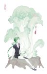  1other absurdres arm_support bare_legs black_footwear black_necktie creature crystal from_side gem_uniform_(houseki_no_kuni) green_hair green_nails hair_rings highres houseki_no_kuni jade_(gemstone) jade_(houseki_no_kuni) looking_at_another looking_away looking_up low_twintails necktie o-ring other_focus pale_skin profile puffy_short_sleeves puffy_sleeves shoe_soles shoes short_sleeves simple_background sitting solo_focus sunfish263 tassel tree_stump twintails ventricosus white_background yaopei 
