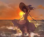  1boy 1girl ai019768 beach black_hair blue_ribbon breasts camera closed_mouth commentary dress happy hat hat_ribbon highres holding holding_camera jabuchi_you medium_breasts medium_hair open_mouth orange_sky outdoors ribbon saibou_shinkyoku short_hair sky sleeveless sleeveless_dress smile straw_hat sun sunset water white_dress yanagi_nina 