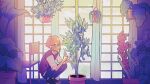  1boy basil_(omori) blonde_hair blue_eyes blush closed_mouth collared_shirt flower hair_flower hair_ornament hanging_plant highres indoors looking_away momi_omori omori plant potted_plant shirt short_hair short_sleeves smile solo squatting sweater_vest white_shirt 