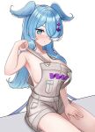  +_+ 1girl :o aqua_eyes bangs bare_shoulders blue_hair blush breasts cleavage collarbone dragon_girl elira_pendora hair_over_one_eye hair_over_shoulder hand_on_own_thigh head_wings highres j.d._thunderhawk large_breasts long_hair looking_at_viewer low_wings mole naked_overalls nijisanji nijisanji_en open_mouth overall_shorts overalls sideboob simple_background sitting solo strap_pull strap_slip swept_bangs virtual_youtuber white_background wings 