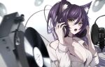  1girl absurdres animal_ear_fluff animal_ears bangs black_bra black_choker black_hair bra breasts character_name chinese_commentary choker collared_shirt commentary_request dress_shirt fox_ears fox_girl hair_between_eyes headphones highres holding holding_headphones jewelry large_breasts long_hair long_sleeves looking_at_viewer meridian_project microphone mole mole_on_breast music necklace off_shoulder open_clothes open_mouth open_shirt ponytail record seki_(vtuber) shirt singing solo tokyo_(1421) turntable underwear upper_body very_long_hair virtual_youtuber white_shirt wing_collar yellow_eyes 