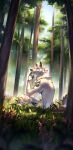  2022 anthro canid canine canis day detailed_background digital_media_(artwork) eyebrows eyelashes forest fur grass hi_res male mammal nude outside plant reilukah sky smile solo tree white_body white_fur wolf 