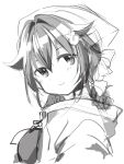  1girl bandana braid commentary_request greyscale hair_flaps hair_ornament hairclip highres jingei_(kancolle) kantai_collection kirisawa_juuzou long_hair looking_at_viewer low_ponytail monochrome shawl single_braid smile solo upper_body 