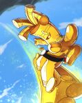  :d blurry cloud coin commentary_request day fang gholdengo highres open_mouth outdoors pokemon pokemon_(creature) signature skin_fang sky smile solo standing tatsumi_(panneko) yellow_eyes 