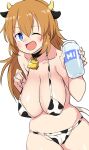  1girl animal_ears animal_print bell bikini blue_eyes blush bottle breasts buta-don cameltoe charlotte_e._yeager cleavage cow_ears cow_horns cow_print cow_tail cowbell fake_animal_ears fake_horns fake_tail highres horns large_breasts long_hair looking_at_viewer milk_bottle navel neck_bell one_eye_closed open_mouth orange_hair print_bikini simple_background smile solo strike_witches swimsuit tail white_background world_witches_series 