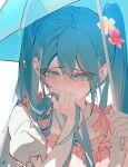  1girl apron bangs blue_eyes blue_hair blush bow collared_dress covered_mouth dress eyes_visible_through_hair flower frills grey_flower hair_between_eyes hair_flower hair_ornament hand_on_own_face hands_up hatsune_miku holding holding_umbrella jewelry long_hair looking_down looking_to_the_side lunar_(lunar_815) necklace pink_apron pink_bow pink_flower puffy_short_sleeves puffy_sleeves short_sleeves sidelocks simple_background solo umbrella underwear upper_body vocaloid water_drop white_background white_dress 