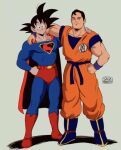  2boys artist_name black_hair boots cape clark_kent closed_mouth cosplay costume_switch crossover dc_comics dragon_ball dragon_ball_z kals_kingdom multiple_boys red_cape red_footwear smile son_goku son_goku_(cosplay) superhero superman superman_(cosplay) superman_(series) 