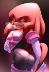  2023 anthro armwear blush bodily_fluids butt clothed clothing cosplay crossdressing echidna elbow_gloves gloves handwear hi_res knuckles_the_echidna krazyelf looking_back male mammal monotreme nipple_outline purple_eyes red_body rouge_the_bat sega simple_background solo sonic_the_hedgehog_(series) sweat 