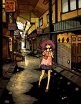  1girl alley bangs bare_legs black_skirt brown_eyes brown_hair door dumpster fish_skeleton garouma hand_up highres looking_at_viewer medium_hair original pink_shirt pleated_skirt print_shirt red_footwear shirt shoes short_sleeves skirt solo standing wide_shot 