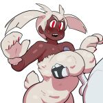  2019 4_fingers balls big_breasts big_hands blush blush_lines bodily_fluids breast_play breasts brown_body brown_skin cave_story claws duo eyebrows female fingers floppy_ears fur genitals humanoid humanoid_genitalia humanoid_penis hybrid lagomorph long_penis male male/female mammal mimiga nipple_outline noill open_mouth penis red_eyes scut_tail sex short_tail simple_background sue_sakamoto sweat sweatdrop tail titfuck white_background white_body white_fur wide_hips 