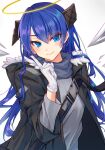  1girl arknights black_hoodie black_jacket blue_eyes blue_hair ecorobin117 gloves halo hood hoodie jacket mostima_(arknights) simple_background white_background white_gloves 