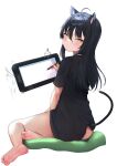  1girl absurdres ahoge animal_ears barefoot black_hair black_shirt blush cat_ears cat_girl cat_tail drawing_tablet feet goldowl green_eyes hair_between_eyes highres holding holding_stylus long_hair looking_at_viewer looking_back original shirt short_sleeves simple_background sitting solo stylus tail white_background 