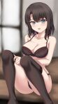  1girl adjusting_clothes adjusting_legwear arm_at_side bang_dream! bangs bare_arms bare_shoulders black_bra black_hair black_panties black_thighhighs blue_eyes blurry blurry_background blush bra breasts cleavage collarbone commentary_request feet_out_of_frame floral_print hair_between_eyes hair_ornament hairclip hand_up highres indoors knees_up looking_at_viewer medium_breasts medium_hair no_shoes okusawa_misaki panties parted_lips print_bra sitting solo thighhighs underwear underwear_only zana_lazy 