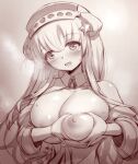 1girl breasts breasts_out double_bun fletcher_(kancolle) hair_bun hair_ornament heart heart-shaped_boob_challenge heart_hands hhh_(wave) huge_breasts kantai_collection long_hair nipples off_shoulder school_uniform sepia serafuku solo star_(symbol) star_hair_ornament upper_body 