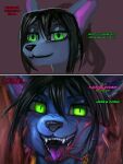 2022 anthro black_hair blood blue_body blue_fur bodily_fluids canid canine canis corablue_(character) dialogue digital_media_(artwork) english_text female fur general-irrelevant green_eyes hair hi_res jackal looking_at_viewer mammal open_mouth purple_tongue simple_background smile solo text tongue undead zombie 