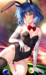  1girl :o animal_ears arm_support bangs bare_shoulders black_leotard blue_hair blush bocchi_the_rock! bow bowtie breasts clothing_cutout collar detached_collar elbow_gloves fake_animal_ears fujima_takuya gloves hair_ornament hair_over_one_eye hairclip highres leotard looking_at_viewer mole mole_under_eye navel navel_cutout open_mouth playboy_bunny rabbit_ears red_bow red_bowtie short_hair single_thighhigh small_breasts solo thighhighs twitter_username wet white_collar white_gloves yamada_ryou yellow_eyes 